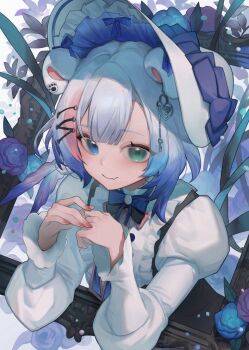 1girl animal_ears bear_ears bear_girl black_ribbon blue_eyes blue_flower blue_hair blue_ribbon blue_rose blue_streaks brown_nails closed_mouth commentary commentary_request commission english_commentary fang fingernails flower frilled_hat frills green_eyes hair_between_eyes hair_ornament hat heterochromia highres light_smile long_sleeves looking_at_viewer medium_hair metatarou mixed-language_commentary multicolored_hair nail_polish orange_hair orange_streaks original pink_ribbon polar_bear_girl puffy_sleeves purple_flower purple_rose ribbon rose shirt skeb_commission solo upper_body white_hair white_hat white_shirt