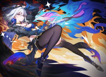 1girl asymmetrical_wings black_boots black_jacket black_pantyhose black_shorts black_thighhighs black_wings blue_bra blue_hair boots bra breasts chinese_commentary cleavage colored_inner_hair commentary_request cropped_jacket dual_wielding earrings galbrena_(wuthering_waves) grey_hair gun hair_between_eyes hair_intakes high_heel_boots high_heels highres holding holding_gun holding_weapon jacket jewelry looking_at_viewer medium_hair mismatched_wings multicolored_hair pantyhose parted_lips purple_eyes shorts shuishi_tidu single_leg_pantyhose single_thighhigh solo thigh_strap thighhighs underwear weapon wings wuthering_waves