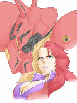 1girl blue_eyes breasts cable chara_soon cleavage commentary_request green_eyes gundam gundam_zz highres kazeya_kazuya large_breasts machinery mecha military_uniform mobile_suit multicolored_hair neo_zeon one-eyed portrait purple_lips r-jarja robot science_fiction serious white_background
