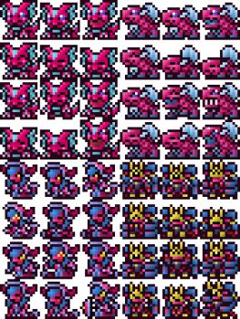 black_eyes black_sclera blue_eyes blue_hair claws colored_sclera crown digimon digimon_(creature) dimetromon elizamon freedomenyoku hat horns lamia lamiamon long_hair mask medusamon monster_girl ribbon snake snake_hair sprite sprite_art tail white_background yellow_eyes