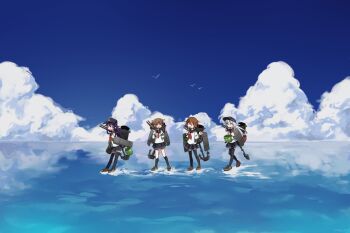 4girls akatsuki_(kancolle) anchor anchor_symbol bird black_hat black_sailor_collar black_skirt black_socks black_thighhighs blue_sky brown_eyes brown_hair cloud commentary_request day fang flat_cap folded_ponytail full_body grey_shoes hair_between_eyes hat hibiki_(kancolle) horizon ikazuchi_(kancolle) inazuma_(kancolle) kantai_collection kneehighs loafers long_hair long_sidelocks long_sleeves medium_hair motohara_moka multiple_girls neckerchief ocean on_water open_mouth outdoors purple_eyes purple_hair red_neckerchief repair_bucket rigging sailor_collar shirt shoes sidelocks skirt sky smokestack socks thighhighs torpedo_launcher white_shirt