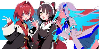 Rule 34 | 3girls, :3, :d, ange katrina, ange katrina (1st costume), animal ears, animal hair ornament, armband, back bow, black coat, black collar, blue armband, blue background, blue bow, blue eyes, blue hair, blue neckerchief, blue sash, blue skirt, blush, bow, breasts, brown hair, brown kimono, buttons, cardigan, closed mouth, coat, collar, collared shrug, colored inner hair, commentary request, dog ears, dog girl, double-breasted, double v, fang, floating hair, flower, frills, gradient background, gradient eyes, group picture, hair between eyes, hair flower, hair intakes, hair ornament, hand up, hands up, heterochromia, highres, inui toko, inui toko (1st costume), japanese clothes, kimono, layered skirt, lize helesta, lize helesta (1st costume), long hair, long sidelocks, long sleeves, looking at viewer, looking to the side, low twintails, maid headdress, maorisu henkyo haku, medium hair, multicolored eyes, multicolored hair, multiple girls, neckerchief, nijisanji, obi, obiage, off shoulder, open mouth, pleated skirt, profile, purple eyes, red background, red cardigan, red eyes, red hair, red skirt, sanbaka (nijisanji), sash, shirt, shirt tucked in, shrug (clothing), sidelocks, skirt, sleeves past wrists, small breasts, smile, split mouth, streaked hair, teeth, thigh strap, triangle hair ornament, twintails, two-tone hair, upper teeth only, v, very long hair, virtual youtuber, waving, white background, white hair, white headdress, white shirt, white shrug, white skirt, yellow eyes