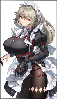 Rule 34 | 1girl, absurdres, alexandrina sebastiane, apron, black dress, breasts, brown pantyhose, commentary, dress, grey hair, highres, kei (soundcross), large breasts, long hair, long sleeves, looking at viewer, maid headdress, pantyhose, red eyes, smile, solo, thighs, white apron, zenless zone zero