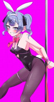 1girl absurdres animal_ears arms_behind_back bare_shoulders black_leotard blue_eyes blue_hair blush bow bowtie clothing_cutout commentary grin hair_ornament hatsune_miku heart heart-shaped_pupils heart_cutout highres leotard pantyhose pink_background playboy_bunny pole rabbit_ears rabbit_hair_ornament rabbit_hole_(vocaloid) rabbit_tail red_bow red_bowtie short_hair smile solo symbol-shaped_pupils tail thigh_strap thighs twintails uekku0_uekku1