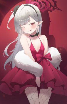 1girl :p ;p absurdres bare_shoulders between_legs black_bow black_bowtie black_choker blue_archive blush bow bowtie breasts chinese_commentary choker closed_mouth collarbone commentary_request covering_crotch covering_privates cowboy_shot dress dress_bow drop_shadow earrings fishnet_pantyhose fishnets grey_hair halo hand_between_own_legs highres jewelry laocheng_(axpp4722) long_hair looking_at_viewer mutsuki_(blue_archive) mutsuki_(dress)_(blue_archive) no_bra one_eye_closed one_side_up pantyhose pleated_dress pointy_ears red_background red_bow red_dress red_eyes red_halo sidelighting simple_background single_hair_intake sleeveless sleeveless_dress small_breasts smile smug solo spaghetti_strap swept_bangs tongue tongue_out tsurime v-shaped_eyebrows very_long_hair