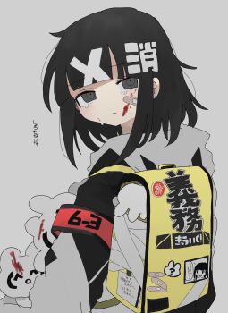 1girl armband backpack bag bandage_on_face bandages bandaid bandaid_hair_ornament bandaid_on_cheek bandaid_on_face black_eyes black_hair blood blood_on_face commentary_request crying crying_with_eyes_open from_behind grey_background grey_eyes grey_hoodie hair_ornament highres hood hood_down hoodie jacket long_sleeves looking_at_viewer looking_back medium_hair multicolored_jacket nukunuku_nigirimeshi original parted_lips randoseru simple_background solo sticker stuffed_animal stuffed_toy tearing_up tears upper_body x_hair_ornament yellow_bag