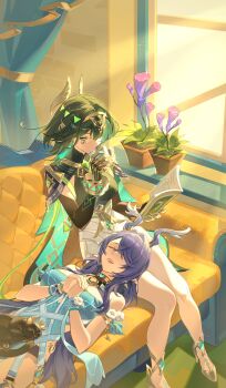 2girls absurdres animal animal_on_lap antlers armlet bare_shoulders black_gloves blue_dress book bracelet breasts cape cat cat_on_lap clawed_gauntlets closed_eyes couch cup curtains dress drinking elbow_gloves facial_mark flower genshin_impact gloves green_cape green_eyes green_hair green_shirt hair_intakes hair_over_one_eye headband headgear high_heels highres holding holding_book holding_cup horns indoors insane84699530 jewelry lap_pillow large_breasts lauma_(genshin_impact) light_rays long_hair looking_at_another lying_on_person multiple_girls nefer_(genshin_impact) on_couch on_lap open_book open_mouth own_hands_together plant pointy_ears potted_plant purple_flower purple_hair shirt short_hair sitting skirt sunlight teeth upper_teeth_only white_flower white_skirt window