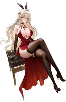 1girl ass black_feathers black_gloves black_thighhighs breasts chain cleavage collarbone criss-cross_halter crossed_legs dress elbow_gloves feather_hair_ornament feathers full_body game_cg gloves gold_chain hair_between_eyes hair_ornament halter_dress halterneck high_heels highres karasuba_sapphire karasuba_sapphire_(oath) large_breasts letter long_dress looking_at_viewer non-web_source official_alternate_costume official_art on_stool poker_fate red_dress revealing_clothes sideboob sitting skindentation solo stool thighhighs thighs transparent_background underboob zhu_yin_(mannermana)