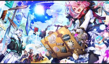 Rule 34 | aircraft, airplane, animal ears, black hair, blush, building, car, case, city, cloud, cloudy sky, doll, door, dress, fang, fantasy, floating, floating object, green eyes, guitar, hair ornament, hairpin, highres, hood, hoodie, instrument, jacket, long hair, long sleeves, looking to the side, motor vehicle, multiple girls, narita imomushi, one eye closed, open mouth, original, outdoors, photo (object), pink eyes, pink hair, pocket watch, scarf, science fiction, skirt, sky, socks, star (symbol), sticker, sun, sunlight, teeth, tongue, train, twintails, watch, white hair