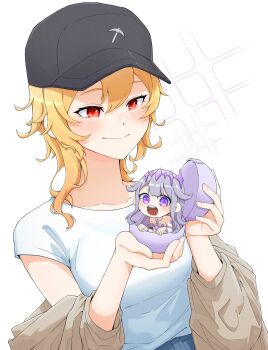 absurdres ball blonde_hair chest_jewel circlet colored_inner_hair dress gashapon grey_hair hair_ornament hat highres hololive hololive_english hololive_indonesia kaela_kovalskia koseki_bijou koseki_bijou_(1st_costume) long_hair medium_hair mini_person minigirl multicolored_hair multiple_girls oneminusowl open_mouth pink_hair purple_eyes purple_hair red_eyes simple_background smile very_long_hair virtual_youtuber white_dress