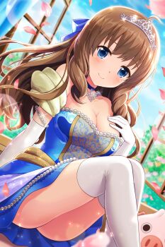 1girl absurdres ahoge alternative_girls arimura_shion blue_bow blue_choker blue_dress blue_eyes blue_sky blush bow breasts brown_hair choker cleavage closed_mouth collarbone commentary_request day dress dutch_angle elbow_gloves falling_petals gloves hair_bow hand_on_own_chest highres indoors large_breasts lens_flare long_hair looking_at_viewer nikuman_buta official_art open_window petals pink_petals second-party_source sitting sky smile solo sparkle strapless strapless_dress string_of_pearls thighhighs thighs tiara white_gloves white_thighhighs window