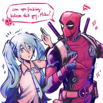 1boy 1girl anger_vein arm_tattoo arm_up blue_eyes blue_hair blue_necktie blush bodysuit collared_shirt commentary covered_collarbone deadpool deadpool_(series) detached_sleeves double-parted_bangs english_commentary english_text grey_shirt hair_between_eyes hatsune_miku highres long_hair long_sleeves looking_at_another marvel necktie open_mouth red_bodysuit sheath sheathed shirt simple_background sleeveless sleeveless_shirt speech_bubble spurkj sword tattoo tie_clip twintails vocaloid weapon white_background