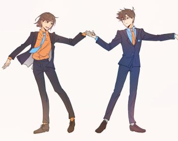 2boys :d absurdres antenna_hair black_jacket black_pants blue_necktie blue_shirt bright_pupils brothers brown_background brown_eyes brown_hair brown_shoes buttons closed_mouth collared_shirt commentary_request css021125 double-parted_bangs eye_contact formal_clothes full_body hair_behind_ear hair_between_eyes hero_(faraway)_(omori) hero_(omori) highres holding_hands jacket kel_(faraway)_(omori) kel_(omori) lapels layered_sleeves loafers long_sleeves looking_at_another male_focus multiple_boys necktie official_alternate_costume omori open_clothes open_jacket open_mouth orange_necktie orange_shirt outstretched_arm pants shirt shoelaces shoes short_hair siblings simple_background smile socks standing teeth upper_teeth_only very_short_hair white_pupils white_socks