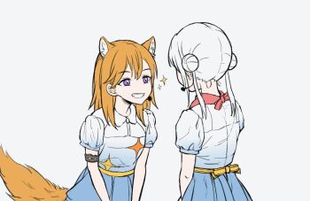 2girls animal_ear_fluff animal_ears arashi_chisato commentary_request dog_ears dog_tail double_bun dress gradient_clothes gradient_dress hair_between_eyes hair_bun hajimari_wa_kimi_no_sora headset image_sample looking_at_another love_live! love_live!_superstar!! medium_hair multiple_girls orange_hair purple_eyes shibuya_kanon short_sleeves sidelocks smile sparkle tail twintails twitter_sample upper_body white_background white_hair yakult1124