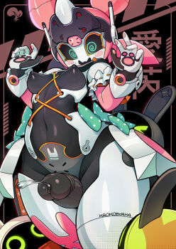 Rule 34 | 1boy, 1girl, @ @, aria (zenless zone zero), arm garter, artist name, bangboo (zenless zone zero), black background, black sclera, blush, bow, breasts, colored sclera, commentary, commentary request, cowboy shot, english commentary, erection, green bow, green eyes, hands up, highres, humanoid robot, krokobyaka, mixed-language commentary, navel, nipples, open mouth, penis, polka dot, polka dot bow, precum, robot, robot girl, small breasts, thigh sex, uncensored, zenless zone zero