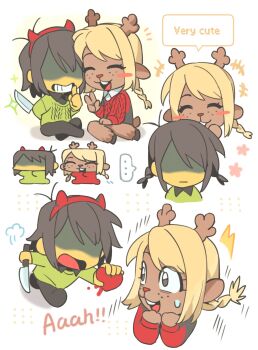 +++ ... 1girl 1other aged_down antlers black_shirt blonde_hair blush_stickers braid brown_hair chibi chibi_only closed_eyes collared_shirt commentary deer_antlers deer_girl deltarune demon_horns english_text fake_horns furry furry_female hairband hashtag-only_commentary heart highres holding holding_heart holding_knife horn_hairband horns knife knit_sweater kris_(deltarune) noelle_holiday open_mouth partially_shaded_face red_hairband red_horns red_sweater running shirt spoken_ellipsis sweater twin_braids twintails umikuri utdr_(toby_fox) white_shirt