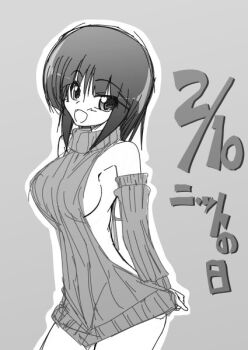 1girl aizawa_sakuya anzai_satsuki armpits backless_dress backless_outfit blush breasts dress hair_ornament hayate_no_gotoku! large_breasts monochrome no_bra short_hair sleeveless sleeveless_turtleneck solo sweater sweater_dress turtleneck virgin_killer_sweater