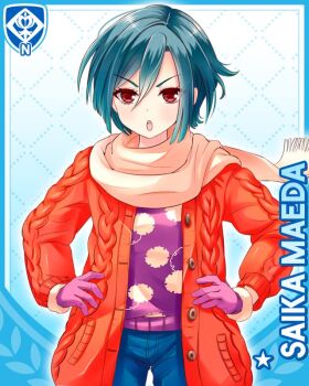 1girl :o blue_background blue_hair blue_pants cable_knit card_(medium) cardigan character_name girlfriend_(kari) gloves looking_at_viewer maeda_saika official_art orange_cardigan pants purple_gloves purple_sweater qp:flapper red_eyes scarf short_hair solo standing straight-on sweater v-shaped_eyebrows yellow_scarf