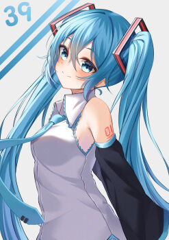 1girl 39 absurdres aqua_eyes aqua_hair aqua_necktie bare_shoulders black_sleeves breasts detached_sleeves hair_between_eyes hand_on_back hatsune_miku highres long_hair looking_at_viewer medium_breasts miku_day necktie number_tattoo ryaru_ryaru shirt shoulder_tattoo simple_background sleeveless sleeveless_shirt smile solo tattoo twintails upper_body very_long_hair vocaloid white_shirt