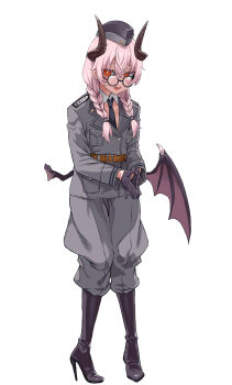 1girl amputee asanagi asymmetrical_wings black_gloves boots braid commentary demon_girl demon_horns demon_wings detached_collar fang glasses gloves hat high_heel_boots high_heels highres horns military_hat military_uniform necktie novel_illustration official_art open_mouth orc_eiyuu_monogatari pink_hair red_eyes simple_background single_wing solo standing twin_braids venus_(orc_eiyuu_monogatari) white_background wings