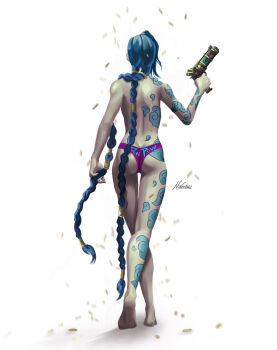 1girl absurdres arm_tattoo ass ass_tattoo back back_tattoo blue_hair blue_tattoo braid cloud_tattoo facing_away from_behind full_body gun hair_over_shoulder highres holding holding_gun holding_own_hair holding_weapon jinx_(league_of_legends) league_of_legends leg_tattoo long_hair nikola_(nikkotari) panties simple_background solo tattoo twin_braids twintails underwear very_long_hair weapon white_background