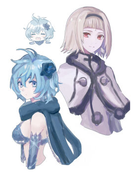 2girls 3ch_ antenna_hair black_hairband blonde_hair blue_bra blue_eyes blue_flower blue_gloves blue_hair blue_scarf blush bra capelet chibi drag-on_dragoon drag-on_dragoon_3 earrings elbow_gloves facial_mark flower forehead_mark fur-trimmed_capelet fur_trim gloves hair_flower hair_ornament hairband highres jewelry lingerie messy_hair miichinori multiple_girls one_(drag-on_dragoon) red_eyes roman_numeral scarf short_hair two_(drag-on_dragoon) underwear white_background white_capelet