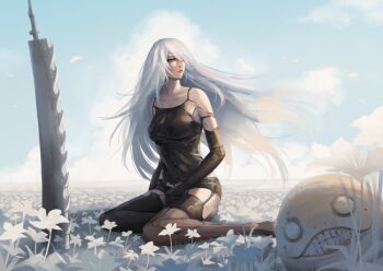 Rule 34 | 1girl, a2 (nier:automata), armlet, bare shoulders, black armlet, black gloves, black panties, black tank top, black thighhighs, blank eyes, blue eyes, blue sky, breasts, brown thighhighs, clenched hand, cloud, collarbone, commentary, elbow gloves, emil (nier), english commentary, falling petals, field, floating hair, flower, flower field, garter straps, gloves, hair between eyes, hair over one eye, hand on own thigh, highres, huge weapon, jewelry, legs, lipgloss, lips, long hair, looking to the side, lunar tear, mask, medium breasts, midriff, midriff peek, mismatched thighhighs, mole, mole under mouth, nier:automata, nier (series), panties, parted lips, petals, pink lips, planted, planted sword, planted weapon, sitting, sky, solo, sword, tank top, teeth, thighhighs, thighs, two-tone thighhighs, underwear, unworn mask, very long hair, weapon, white flower, white hair, white mask, white petals, zankuoart, zettai ryouiki