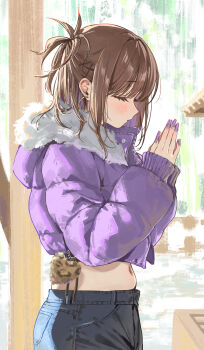 1girl absurdres blurry blurry_background brown_hair closed_eyes closed_mouth commentary_request crop_top denim from_side fur_collar fur_trim hair_bun half_updo highres hochiya-san_wa_amariaru hochiya_kirei hood hood_down jacket jeans midriff misekiss navel pants praying purple_jacket purple_nails shrine single_hair_bun solo upper_body