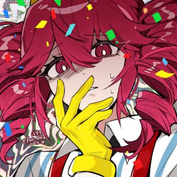 1girl alternate_costume bright_pupils collared_shirt confetti dated drill_hair gloves grey_background hair_between_eyes hand_up kasane_teto looking_at_viewer mesmerizer_(vocaloid) parted_lips portrait qiancaofu red_eyes shirt solo static striped_clothes striped_shirt suspenders sweat twin_drills twitter_username utau white_pupils wing_collar worried yellow_gloves