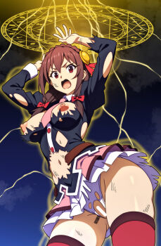 1girl barcode barcode_tattoo black_shirt black_sky blue_sky bow braid breasts brown_hair censored commentary english_commentary gradient_sky hair_bow hair_ornament herchi highres kono_subarashii_sekai_ni_shukufuku_wo! long_sleeves looking_at_viewer magic_circle magic_circle_above_head medium_breasts navel nipples open_mouth panties red_bow red_eyes shirt sidelocks skirt sky solo standing tattoo thighs torn_clothes torn_panties underwear v-shaped_eyebrows white_panties white_skirt yunyun_(konosuba)