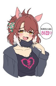 1girl 418tiger absurdres ahoge alternate_costume animal_ears breasts brown_hair commentary_request dantsu_flame_(umamusume) emphasis_lines hair_between_eyes highres horse_ears horse_girl jacket korean_text looking_at_viewer mask medium_breasts mouth_mask portrait solo translation_request transparent_background umamusume