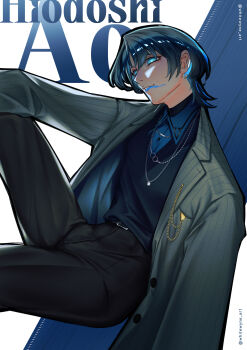 Rule 34 | 1girl, absurdres, black pants, black sweater, blue eyes, blue hair, blue lips, blue shirt, character name, collared shirt, earclip, grey jacket, highres, hiodoshi ao, hiodoshi ao (1st costume), hololive, hololive dev is, jacket, jewelry, lipstick, makeup, medium hair, necklace, pants, pinstripe jacket, pinstripe pattern, red wyne, shirt, smeared lipstick, solo, suit jacket, sweater, v-neck, virtual youtuber, wolf cut