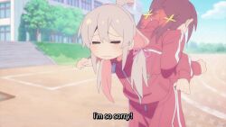 &gt;_&lt; 2girls animated anime_screenshot blush bouncing_breasts breasts brown_hair closed_eyes cloudsky genderswap genderswap_(mtf) highres jacket jiggle large_breasts long_hair multicolored_hair multiple_girls murosaki_miyo onii-chan_wa_oshimai! outdoors oyama_mahiro pink_hair red_hair red_jacket shoes sound sportswear subtitled track_jacket track_suit two-tone_hair video white_footwear zipper zipper_pull_tab