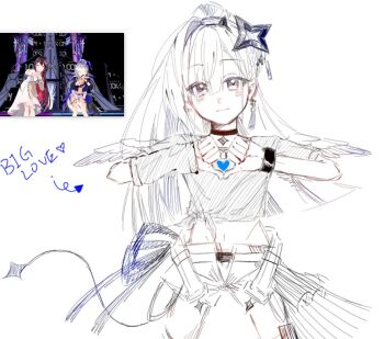1girl amane_kanata closed_mouth commentary cowboy_shot english_text feathered_wings greyscale hair_between_eyes hair_ornament heart heart_hands heart_in_heart_hands hololive light_blush long_hair looking_at_viewer mini_wings monochrome nangong_0210 navel official_alternate_costume official_alternate_hair_length official_alternate_hairstyle reference_inset shirt shorts simple_background single_hair_intake single_sleeve sketch solo spot_color straight-on symbol-only_commentary tied_shirt virtual_youtuber white_background wide_ponytail wings