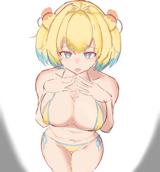 Rule 34 | 1girl, absurdres, bikini, blue eyes, bombergirl, breasts, cleavage, clover-shaped pupils, commentary request, double bun, gigajunkieriot, hair bun, highres, large breasts, looking at viewer, medium hair, navel, open mouth, own hands together, pine (bombergirl), side-tie bikini bottom, solo, swimsuit, symbol-shaped pupils, two side up, white background, yellow bikini