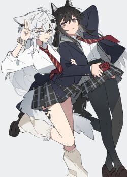 Rule 34 | 2girls, :/, ;p, animal ear fluff, animal ears, antenna hair, arknights, arm behind head, black jacket, black nails, black shoes, black skirt, black tail, black thighhighs, bracelet, breasts, brown shoes, clenched hand, clothes around waist, collared shirt, double-parted bangs, dutch angle, food, full body, grey eyes, grey hair, grey hoodie, grey skirt, hair between eyes, hair ornament, hairpin, hand up, highres, holding, holding another's arm, holding food, holding pocky, hood, hoodie, jacket, jacket around waist, jewelry, lappland (arknights), leaning on person, loafers, long hair, long sidelocks, long sleeves, loose hair strand, loose socks, material growth, messy hair, multiple girls, necktie, one eye closed, open clothes, open jacket, orange eyes, oripathy lesion (arknights), plaid clothes, plaid skirt, platform shoes, pleated skirt, pocky, red necktie, scar, scar on face, school uniform, seri (vyrlw), shirt, shoes, sidelocks, simple background, skirt, sleeves rolled up, small breasts, socks, standing, standing on one leg, striped clothes, striped necktie, tail, texas (arknights), thighhighs, tied jacket, tongue, tongue out, unkempt, v, white shirt, white socks, white tail, wolf ears, wolf girl, wolf tail