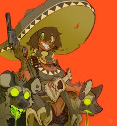 Rule 34 | 1girl, animal, bandages, belt, breasts, brown hair, bullet, cigarette, colored sclera, dark-skinned female, dark skin, fangs, forest box, green eyes, green sclera, guitar, hat, holding, holding weapon, hyena, instrument, jewelry, mariachi, medium breasts, necklace, orange background, original, poncho, saliva, skull ornament, smile, teeth, weapon