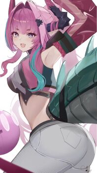 absurdres arknights arknights:_endfield armpits ass blue_eyes breasts commentary_request dragon_girl dragon_horns dragon_tail green_hair hair_ornament hairclip highres horns large_breasts long_hair looking_at_viewer midriff open_mouth pants tail tumugi_sunohara twintails white_pants yvonne_(arknights)