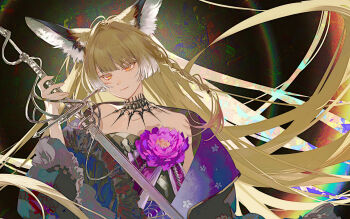 1girl absurdres animal_ear_fluff animal_ears arknights bare_shoulders black_background black_coat black_dress blonde_hair braid breasts chinese_commentary coat collarbone commentary_request dress facial_scar floating_hair flower flower_on_chest fox_ears fox_girl highres holding holding_sword holding_weapon long_hair looking_at_viewer neck_tattoo off_shoulder official_alternate_costume open_clothes open_coat orange_eyes purple_flower reverse_grip ringein scar scar_on_cheek scar_on_face simple_background single_braid small_breasts smile strapless strapless_dress sword tattoo very_long_hair vulpisfoglia_(arknights) vulpisfoglia_(out_of_focus)_(arknights) weapon