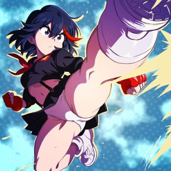 1am_c3sar 1girl absurdres ass black_hair breasts commentary english_commentary fingerless_gloves flying_kick from_below gloves highres jumping kicking kill_la_kill leg_focus matoi_ryuuko midriff multicolored_hair navel panties pantyshot perspective pleated_skirt red_gloves red_hair school_uniform senketsu shoes short_hair signature skirt sneakers solo streaked_hair suspenders two-tone_hair underwear white_panties