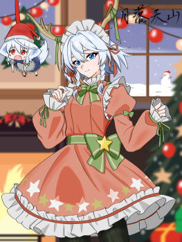 Rule 34 | 2girls, alternate costume, animal ears, antlers, artist name, aurora (wdc1234555), black pantyhose, blue eyes, bow, bowtie, braid, chinese commentary, christmas, christmas ornaments, christmas tree, closed mouth, commentary, commentary request, dog ears, dog girl, dog tail, dress, dual persona, english commentary, fang, fireplace, green bow, green bowtie, grey hair, hair bow, hat, highres, horns, inu sakuya (nejikirio), izayoi sakuya, long sleeves, looking at viewer, maid headdress, mixed-language commentary, multiple girls, open mouth, pantyhose, print dress, red bow, red dress, red eyes, red hat, reindeer antlers, santa hat, smile, snowman, star (symbol), star print, sweatdrop, tail, touhou, twin braids