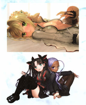 3girls ahoge bindi black_hair black_legwear blonde_hair breasts bridal_veil chain dark-skinned_female dark_skin facial_mark fate/extra fate/extra_ccc fate_(series) glasses green_eyes hair_ribbon highres long_hair looking_at_viewer multiple_girls nero_claudius_(bride)_(fate) nero_claudius_(fate) official_art open_mouth purple_eyes purple_hair rani_viii ribbon scan smile thighhighs tohsaka_rin veil wada_arco zettai_ryouiki zipper