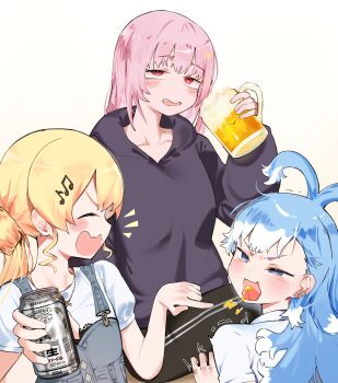 3girls absurdres alcohol beer beer_bottle beer_mug black_hoodie blonde_hair blue_hair cup highres hololive hololive_english hololive_indonesia hood hoodie kenzeeato kobo_kanaeru mori_calliope mug multiple_girls otonose_kanade pink_hair red_eyes virtual_youtuber