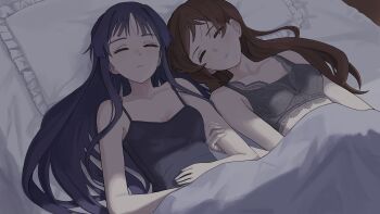 2girls absurdres black_camisole black_hair bra breasts brown_hair camisole closed_eyes closed_mouth collarbone epitaph_(1122) grey_bra hand_on_another's_arm highres idolmaster idolmaster_million_live! indoors kitazawa_shiho long_hair lying mogami_shizuka multiple_girls on_back on_bed sleeping under_covers underwear
