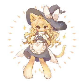 1girl 80isiiii animal_ears black_skirt black_vest blonde_hair bow braid cat_ears cat_girl cat_tail commentary full_body furrification furry furry_female hair_ornament hat hat_bow highres kirisame_marisa long_hair looking_at_viewer side_braid single_braid skirt solo star_(symbol) star_hair_ornament symbol-only_commentary tail touhou vest white_bow witch_hat yellow_eyes yellow_fur