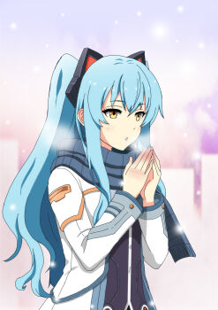 1girl absurdres animal_ear_hairband animal_ears ao_no_kiseki black_hairband blue_hair blue_scarf cat_ears cat_hair_ornament coat eiyuu_densetsu fake_animal_ears hair_ornament hairband hajimari_no_kiseki highres in6lyiahxn98397 long_hair scarf simple_background snowing tio_plato white_coat winter winter_clothes yellow_eyes zero_no_kiseki