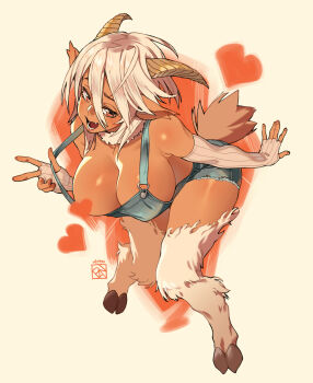 1girl animal_ears armpit_crease artist_logo bare_shoulders bent_over blue_overalls breasts brown_horns brown_tail censored censored_nipples cleavage clothes_lift commentary dark-skinned_female dark_skin dated denim denim_overalls elbow_gloves english_commentary fang fingerless_gloves fur_collar gloves goat_ears goat_girl goat_horns goat_legs goat_tail hair_between_eyes half-closed_eyes hand_up heart heart_censor horns knees_together_feet_apart large_breasts logo looking_at_viewer medium_hair monster_musume_no_iru_nichijou naked_overalls open_mouth outstretched_arm overall_shorts overalls poch4n pointy_ears red_background red_eyes ribbed_gloves saane_(monster_musume) solo standing tail teeth tongue white_background white_gloves white_hair