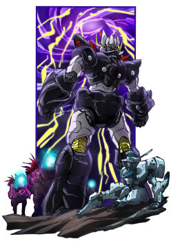 alien assault_visor beta_(muv-luv) cloud crossover damaged highres lightning looking_up mazinger_(series) mazinkaiser mazinkaiser_(robot) mecha muv-luv muv-luv:_dimensions muv-luv_alternative no_humans robot super_robot tactical_surface_fighter taiga_hiroyuki type_94_shiranui