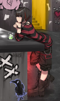 1boy absurdres black_footwear black_hair black_shirt boots bracelet chain choker cup drinking_glass earrings full_body graffiti hair_ornament highres jewelry karasu_(jjwh2832) long_sleeves long_table looking_at_viewer male_focus mashiro_meme mashiro_meme_(3rd_costume) multicolored_hair nijisanji paperclip_hair_ornament red_hair red_shirt shirt shoes short_hair shorts solo spiked_bracelet spikes streaked_hair striped_clothes striped_shirt table virtual_youtuber