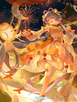 1girl architecture artist_request dancing east_asian_architecture fireworks lantern luo_tianyi night official_art road street